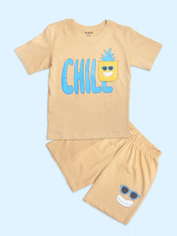 Be Awara - Unisex Beige Printed T-shirt with Shorts