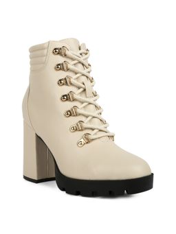 London Rag - Beige Lace Up Block Heel Boots