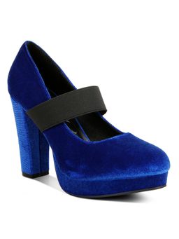 London Rag - Blue High Block Heel Velvet Pumps