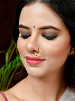 Silvermerc Designs - Gold Plated White Stone Studded Meenakari Nose Ring