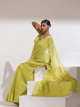 Swtantra - Shimmer Chiffon Bronze Flower Saree & Hand Stitched On Pallu with Unstitched Blouse