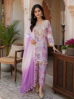 FashionTownie - Lavender Mirror Work Kurta With Pant And Dupatta