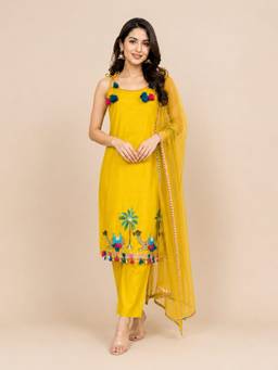 FashionTownie - Mustard Embroidered Kurta With Pant And Dupatta