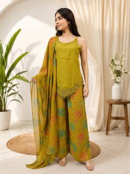FashionTownie - Olive Embroidered Kurti With Palazzo And Dupatta