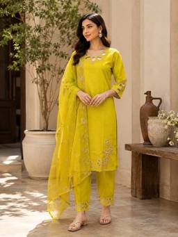 FashionTownie - Neon Green Cutwork Embroidered Kurta With Pant And Dupatta