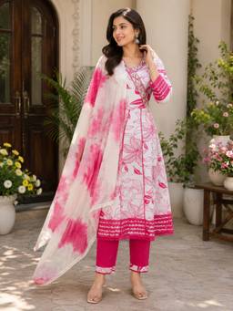 FashionTownie - Pink Floral Print Anarkali Kurta With Pant And Dupatta
