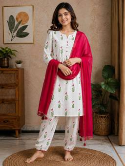 FashionTownie - White Floral Print Kurta With Farshi Salwar And Dupatta