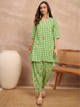 InWeave - Green Big Check Floral Balloon Co-ord Set