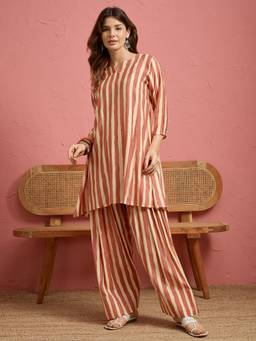 InWeave - Coral Beige Stripe Pplm Co-Ord Set