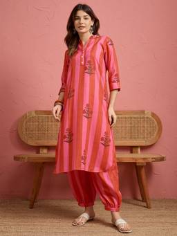 InWeave - Pink Boota Stripe Kurta With Salwar