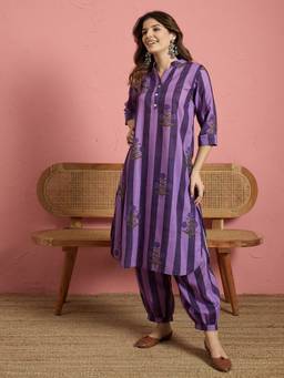 InWeave - Purple Boota Stripe Kurta With Salwar