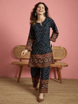 InWeave - Teal Printed Border Long Sleeve Co-Ord Set