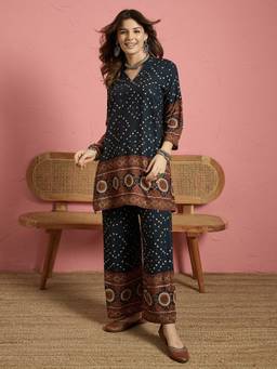 InWeave - Teal Printed Border Button Co-Ord Set
