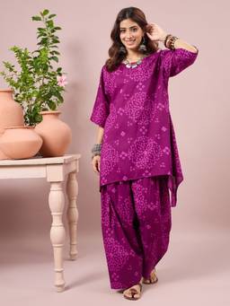 InWeave - Purple Bandhani Boat Neck Co-Ord Set