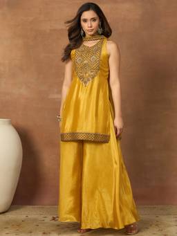 INDDUS - Mustard Ethnic Motifs Sequinned Embroidered Kurta And Palazzo With Dupatta