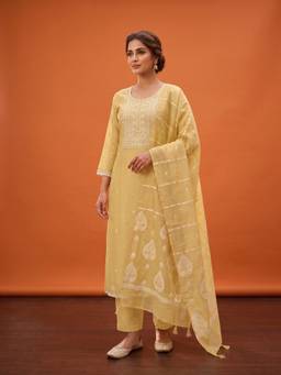 INDDUS - Mustard Women Floral Thread Embroidered Kurta And Pant With Dupatta