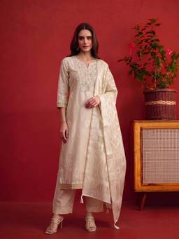 INDDUS - Beige Thread Embroidered Jamdani Chanderi Cotton Kurta And Pant With Dupatta