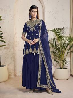 INDDUS - Navy Blue Ethnic Motifs Sequinned Embroidered Kurta And Sharara With Dupatta