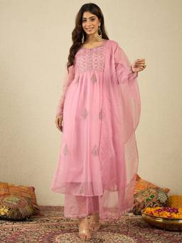 INDDUS - Pink Women Ethnic Zari Embroidered Kurta Pant With Inner Top And Dupatta