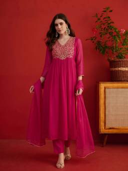 INDDUS - Magenta Floral Zari And Sequinned Embroidered A-Line Kurta And Pant With Dupatta