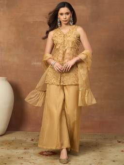 INDDUS - Beige Floral Thread And Sequinned Embroidered Kurta And Palazzo With Dupatta
