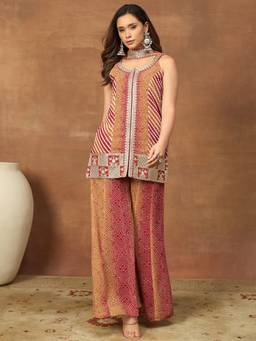 INDDUS - Bandhani Printed And Sequinned Embroidered Kurta And Palazzo With Dupatta