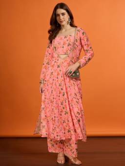 INDDUS - Peach Women Floral Printed Anarkali Kurta With Crop Top And Palazzo
