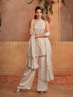 INDDUS - Ivory Women Sequinned Embroidered Kurta With Palazzo And Dupatta