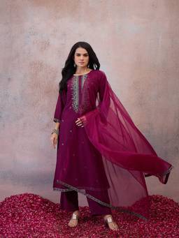 INDDUS - Wine Women Thread Embroidered A-Line Kurta With Palazzo And Dupatta