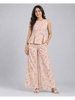 KEVORA APPARELS - Cream Women's Floral Printed Sleeveless Peplum Co-Ord Set
