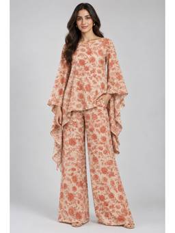 KEVORA APPARELS - Beige Women's Printed Round Neck Flared Sleeve Co-Ord Set