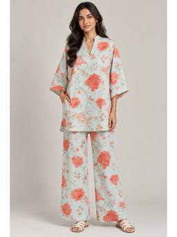 KEVORA APPARELS - Green Women's Printed Mandarin Collar Co-Ord Set