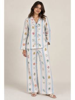 KEVORA APPARELS - White Women's Printed Collared Tie-Front Co-Ord Set