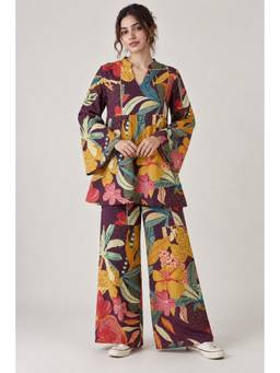 KEVORA APPARELS - Maroon Women's Printed Flared Sleeve Peplum Co-Ord Set