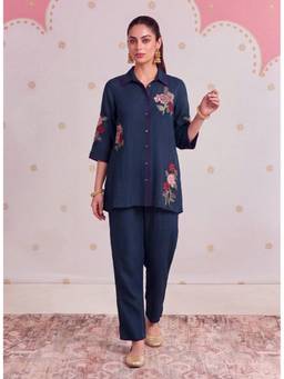 Lakshita - Eshira Cobalt Navy Blue Embroidered Co-Ord Set