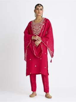 Women Plus - Red Embroidered Viscose Mul Chanderi Silk Kurta With Pant And Dupatta