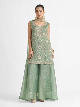 Women Plus - Green Embroidered Viscose Salsa Silk Kurta With Sharara And Dupatta