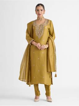 Women Plus - Gold Embroidered Viscose Tissue Silk Kurta With Pant And Dupatta
