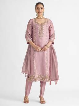 Women Plus - Pink Embroidered Viscose Tissue Silk Kurta With Pant And Dupatta