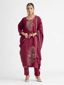 Women Plus - Wine Embroidered Viscose Silk Kurta With Pant And Dupatta