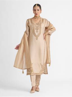 Women Plus - Beige Embroidered Viscose Tissue Silk Kurta With Pant And Dupatta