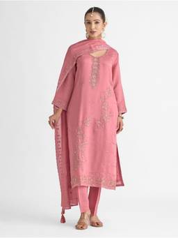 Women Plus - Pink Embroidered Viscose Mul Chanderi Silk Kurta With Pant And Dupatta