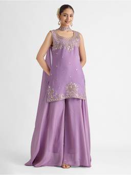 Women Plus - Lavender Purple Embroidered Viscose Mul Shimmer Silk Kurta With Sharara And Dupatta