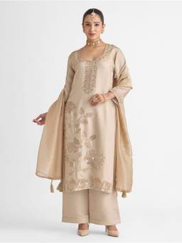 Women Plus - Beige Embroidered Viscose Mul Shimmer Silk Kurta With Sharara And Dupatta