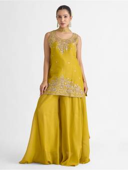 Women Plus - Yellow Embroidered Viscose Mul Shimmer Silk Kurta With Sharara And Dupatta