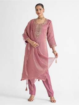 Women Plus - Pink Embroidered Viscose Salsa Silk Kurta With Pant And Dupatta