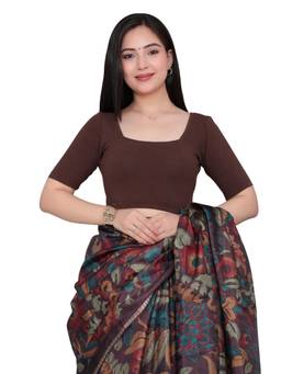 MLADA - Women Square Neck Stretchable Solid Cotton Brown Stitched Blouse