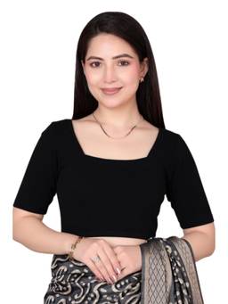 MLADA - Women Square Neck Stretchable Solid Cotton Black Stitched Blouse