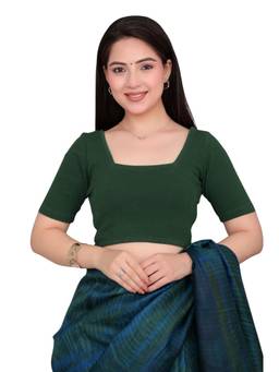 MLADA - Women Square Neck Stretchable Solid Cotton Green Stitched Blouse