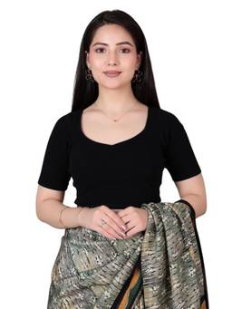 MLADA - Women Sweetheart Neck Half Sleeves Solid Cotton Black Stitched Blouse